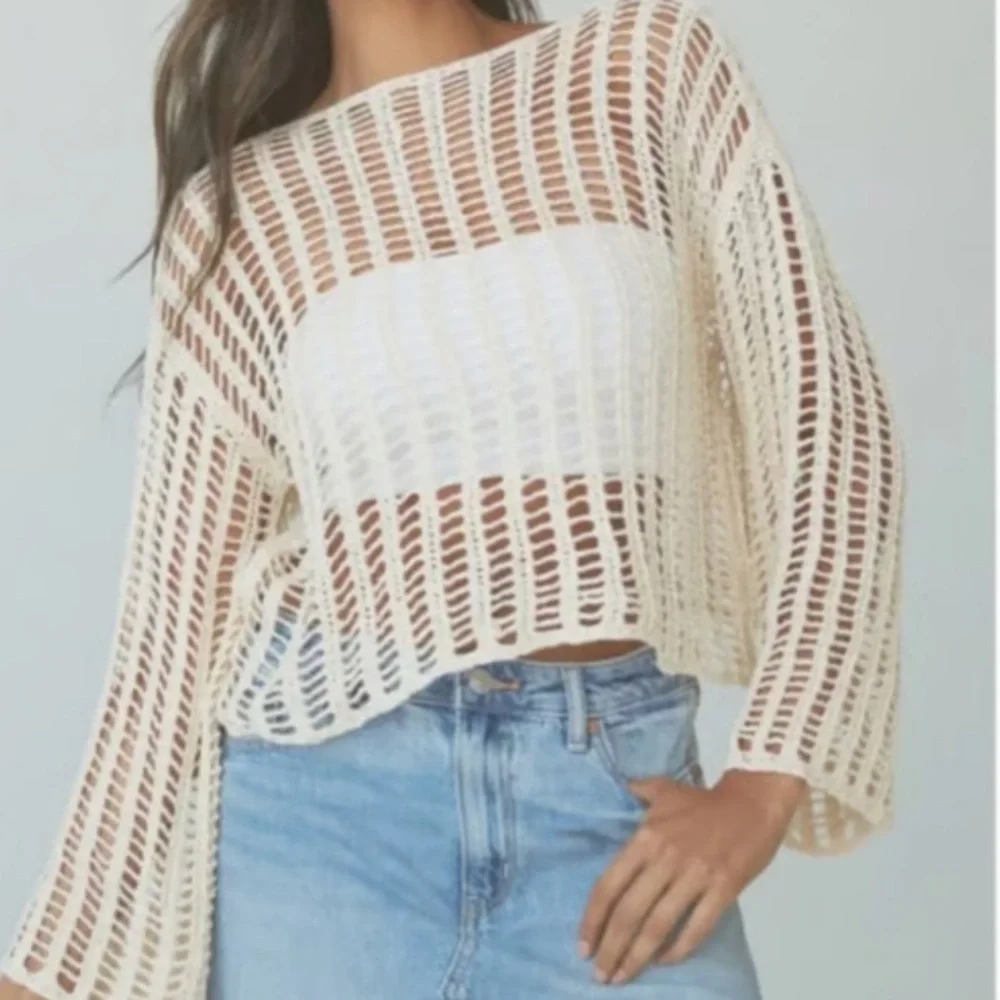 Klassy Network Crochet Coverup Top - Beige - Picture 1 of 4